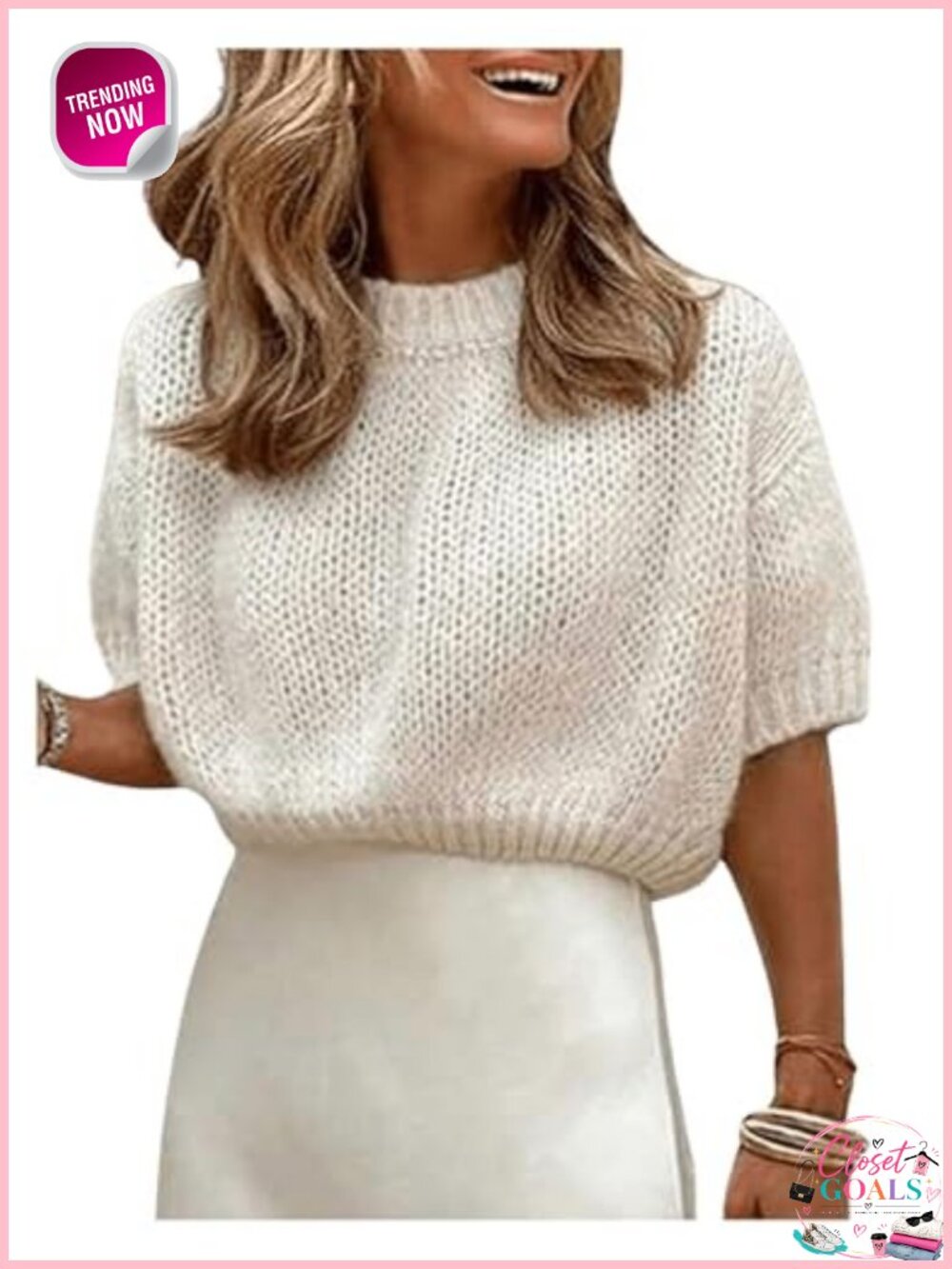Puff Short Sleeve Cropped Sweater Pullover Crew Neck Casual Top